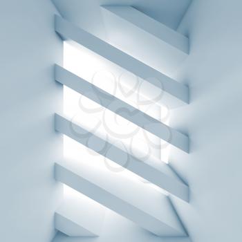Abstract white empty room with diagonal girders partition, blank interior background, square blue toned 3d illustration