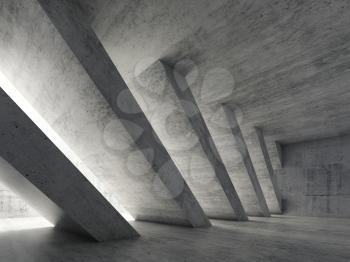 Abstract architecture background, empty rough concrete interior with diagonal columns installation. 3d illustration