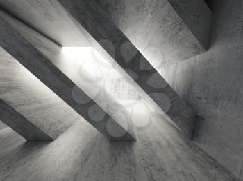 Abstract architecture background, empty rough concrete interior, diagonal columns installation. 3d illustration