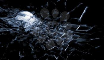 Abstract dark digital background, glowing technological chaotic blocks, 3d illustration