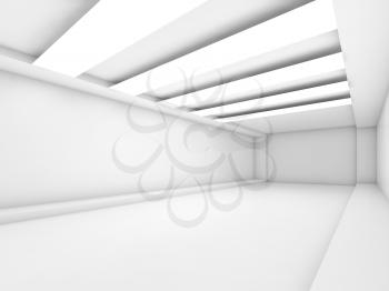 Abstract empty white corridor background with stripes of decorative ceiling light panels, contemporary minimal open space office interior design, 3d illustration