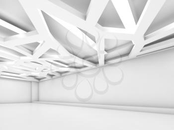 Abstract empty white interior background with of decorative ceiling light system, contemporary minimal open space office design, 3d illustration