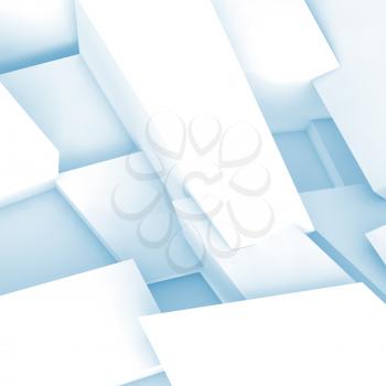 Abstract square digital background, white chaotic fragments with blue shadows, 3d illustration