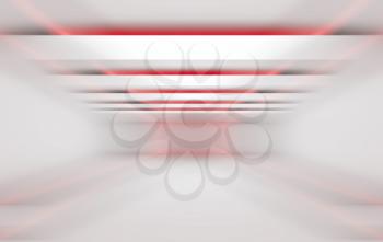 Abstract 3 dimensional geometric red and white background. Stripes of lights in empty tunnel interior, 3d render illustration