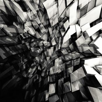 Abstract black and white square digital background, chaotic shining polygonal fragments pattern, 3d illustration