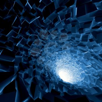 Abstract square digital background, blue tunnel interior with glowing end and walls made of shining technological chaotic blocks. 3d illustration