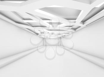 Abstract empty white interior perspective with decorative ceiling light system, contemporary minimal open space office design, 3d illustration