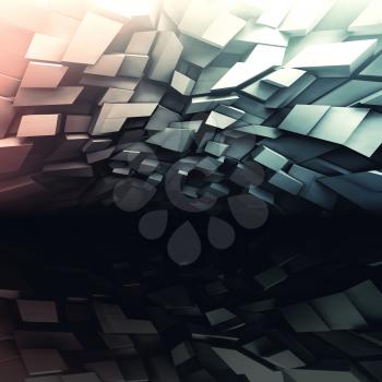 Abstract dark square digital background, chaotic colorful shining polygonal blocks pattern, 3d illustration