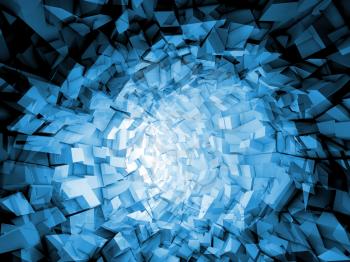 Abstract digital background, blue tunnel interior with walls made of shining technological chaotic blocks, 3d illustration