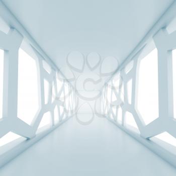 Abstract empty room interior perspective with big futuristic windows. Square blue toned digital 3d illustration