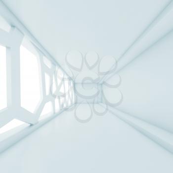 Abstract empty room interior with big futuristic window. Square blue toned digital 3d illustration