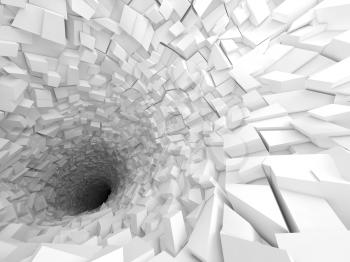 Abstract digital background, white tunnel interior with black hole and walls made of technological chaotic blocks. 3d illustration