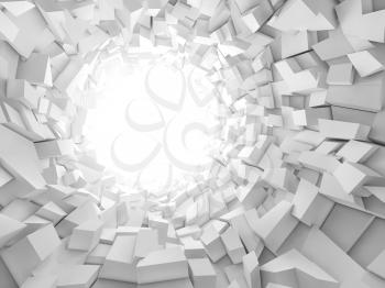 Abstract digital background, white tunnel interior with glowing end and walls made of technological chaotic blocks. 3d illustration
