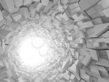 Abstract digital background, white tunnel interior with walls made of technological chaotic blocks. 3d illustration