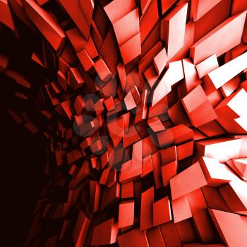 Abstract square digital background, chaotic dark shining red polygonal blocks pattern, 3d illustration