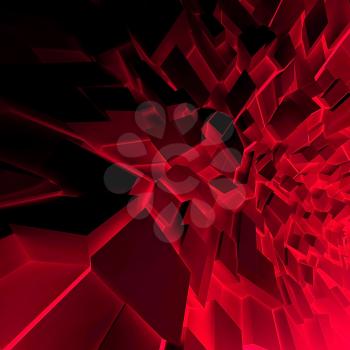Abstract square digital background, chaotic dark red polygonal blocks pattern, 3d illustration