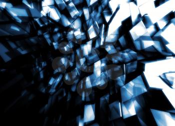 Abstract square digital background, chaotic blue shining polygonal fragments pattern over black, 3d render illustration