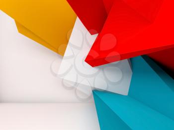 Abstract white interior background with colorful polygonal installation on front wall, 3d render illustration