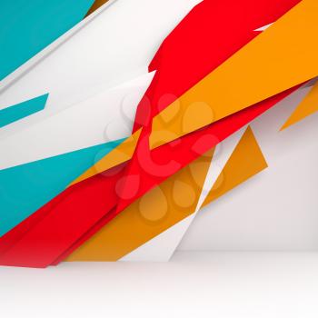 Abstract white interior background with colorful polygonal decoration installation on front wall, 3d illustration