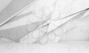 Abstract white interior background with polygonal installation on front wall. 3d illustration with concrete texture