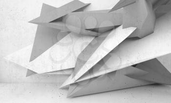 Abstract white concrete interior background with polygonal installation on front wall, 3d illustration