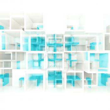 Abstract digital background with white and blue chaotic square cells structure on front wall, selective focus effect, 3d illustration