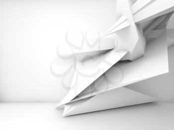 Abstract white interior background, chaotic polygonal decoration near the wall, 3d render illustration