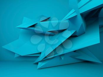 Abstract blue interior background, chaotic polygonal decoration near the wall, 3d render illustration