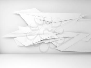 Abstract white interior background, chaotic polygonal decoration wallpaper on the wall, 3d render illustration