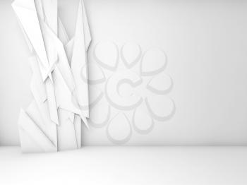 Abstract white interior background, chaotic polygonal decoration wallpaper on front wall, 3d render