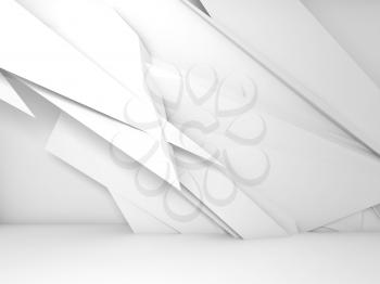 Abstract white interior background, chaotic polygonal decoration wallpaper on front wall, 3d render illustration