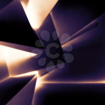 Abstract dark digital background, chaotic polygonal structure with glowing pattern, 3d render illustration
