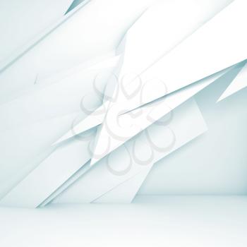 Abstract white interior background, chaotic polygonal decoration near the wall, square blue toned 3d render illustration