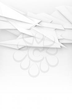Abstract white geometric background, chaotic polygonal decoration, front view, soft shadows, 3d render illustration