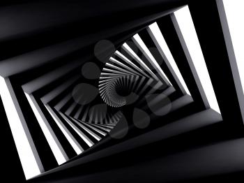 Abstract dark twisted spiral corridor interior, 3d render illustration