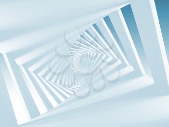 Abstract white twisted spiral corridor interior, blue toned 3d illustration