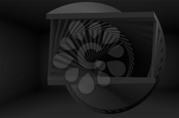 Abstract black helix object in dark room interior, 3d render illustration