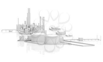Abstract modern industrial facility. Tanks, chimneys and buildings, 3d model isolated on white with reflections on ground, bird eye view