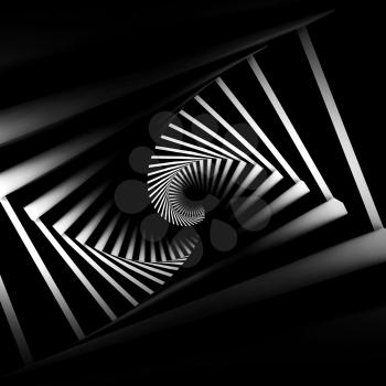 Abstract black twisted spiral corridor interior with white lights, 3d render illustration