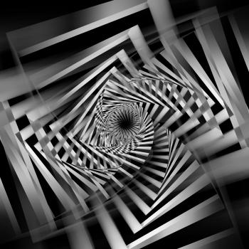 Abstract black and white spirals pattern, cg optical illusion, square 3d illustration
