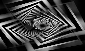 Abstract black and white spirals pattern, cg optical illusion, 3d illustration