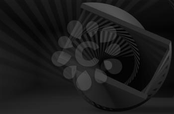 Abstract black helix object in dark interior, 3d render illustration
