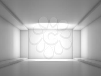 Abstract white contemporary interior, front view of an empty room with soft illumination. Digital 3d illustration, computer graphic