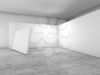 Abstract empty interior, clean white installation on concrete floor, contemporary architecture design. 3d render illustration