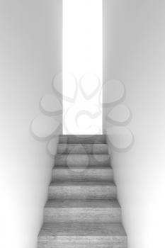 Concrete Stairway goes up to the glowing white opening, abstract empty dark concrete interior background, front view, 3d illustration 