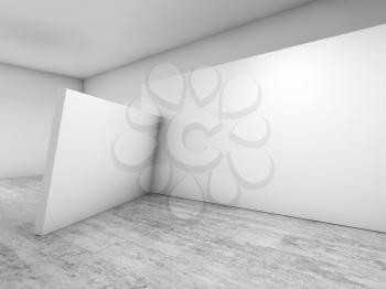 Abstract empty interior, white artistic installation on concrete floor, contemporary architecture design. 3d render illustration
