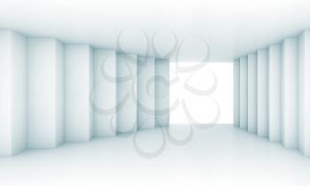 Abstract wide corridor perspective with columns, empty interior background, blue toned 3d illustration