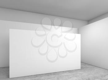 Abstract empty white interior, banners installation on concrete floor, contemporary architecture design. 3d illustration