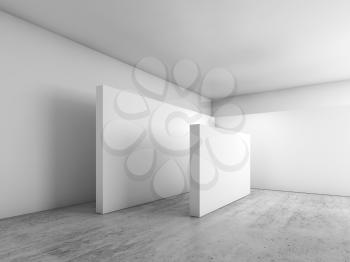 Abstract empty interior, white installation on concrete floor, contemporary architecture design. 3d illustration