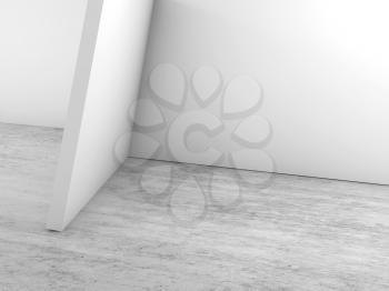 Abstract empty white interior fragment, blank walls installation on concrete floor, contemporary architecture design. 3d illustration, front view